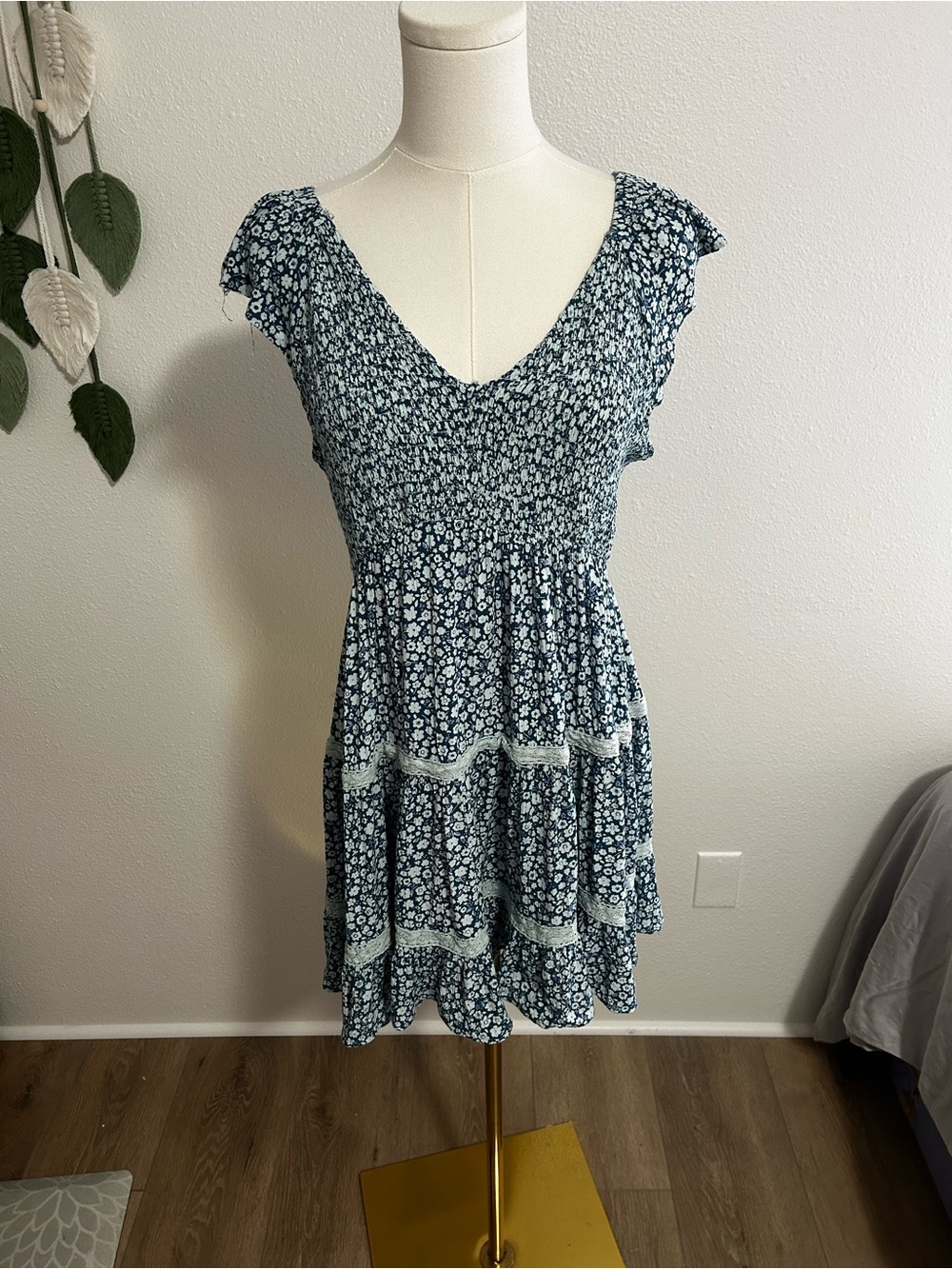 Angie Blue Floral Tiered V-Neck Mini Dress